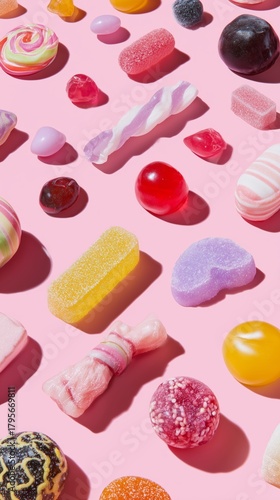 Colorful Assortment of Candies on Pink Background Arranged in Artistic Layout...