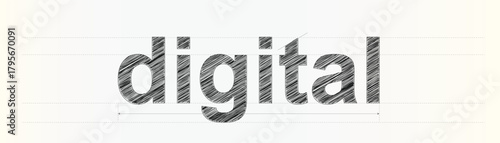 Digital word sketched with technical drawing lines visualizes modern technology and innovation