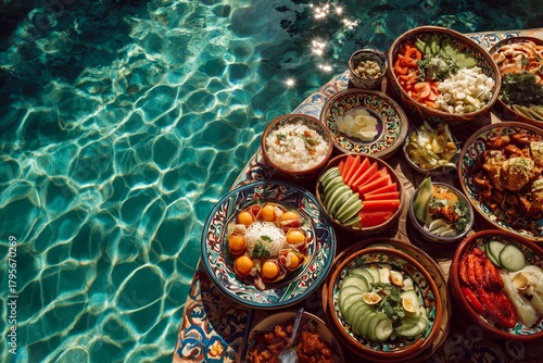 Colorful Array of Traditional Dishes by a Sparkling Pool During a Sunny Day