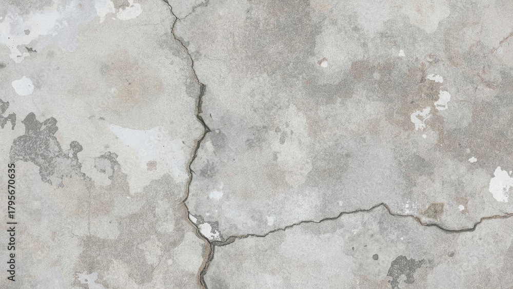 Naklejka premium Cracked and weathered concrete surface with visible fractures and peeling paint.