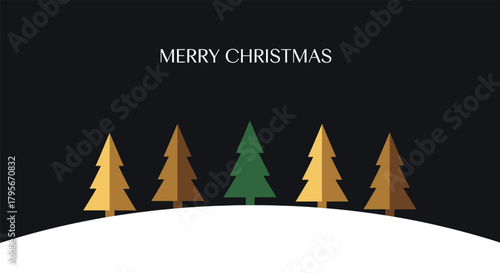 Minimalist Merry Christmas greeting card with a row of stylized gold and one green pine trees on a snowy hill against a dark night sky