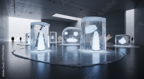 Futuristic Art Installation - Illuminated Figures Encased in Transparent Structures.