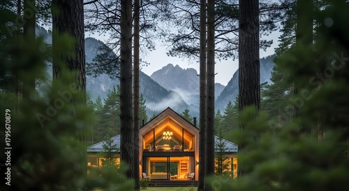 Modern Forest Cabin with Warm Interior Lighting and Mountain View