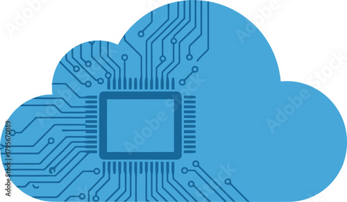 Digital cloud computing icon represents data storage and network technology integration with microchip symbol isolated on white background