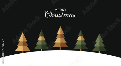 A modern Merry Christmas greeting card design featuring stylized pine trees in gold and green on a snowy landscape under a dark sky