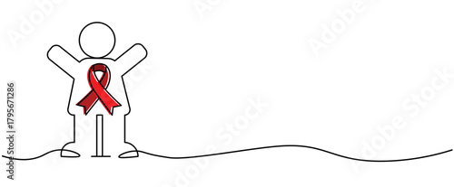 isolated person icon with red ribbon inside the person for awareness campaign One continuous line drawing for Poster, banner, background with lettering, red cancer ribbon satin minimal outline lineart