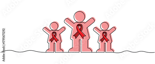 three person with ribbon inside for aids hiv blood cancer awareness campaign One continuous line drawing for Poster, banner, background with lettering copyspace,ribbon bow minimal outline lineart isol