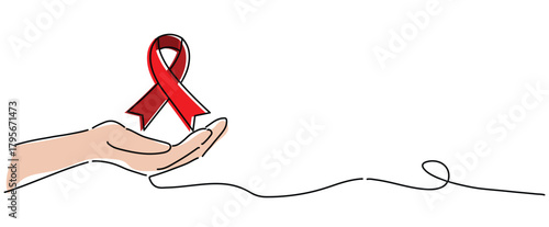 save hand with red satin ribbon for Poster, banner, background with lettering, hand drawn red ribbon with copyspace place for text One continuous line drawing for Poster, banner, background, sign