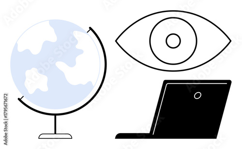 Globe for global reach, eye for observation, and laptop for technology represent surveillance, innovation, and digital connectivity. Ideal for technology, globalization, monitoring, privacy