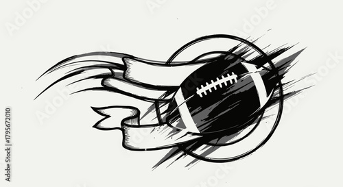A dynamic black and white illustration of an American football with a banner and motion lines, symbolizing speed and action.
