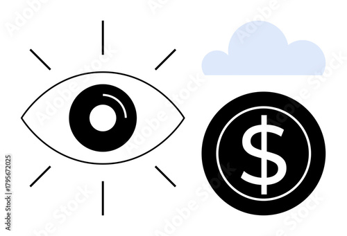 Eye symbol radiating focus, dollar coin depicting wealth, and light blue cloud representing ideas or innovation. Ideal for finance, strategy, creativity, success, vision growth. Simple flat metaphor