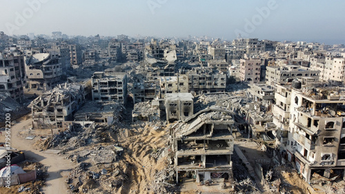 Aerial Drone View of Residential Neighborhood with Ruined Buildings