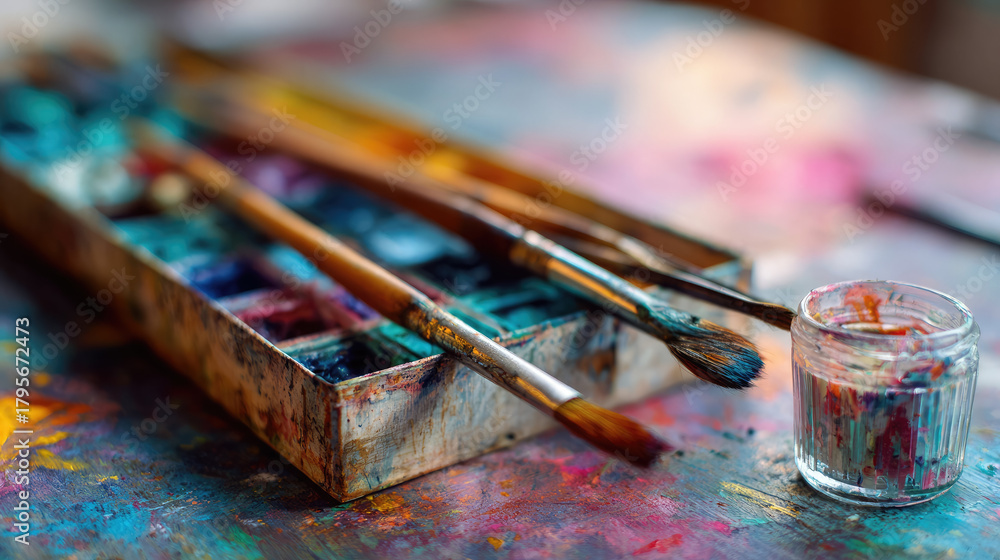 Fototapeta premium jar with paint and brushes on a colored artistic background, art, creative, gouache, oil, acrylic, watercolor, strokes, stains, illustration, wall, table, studio, artist’s workshop