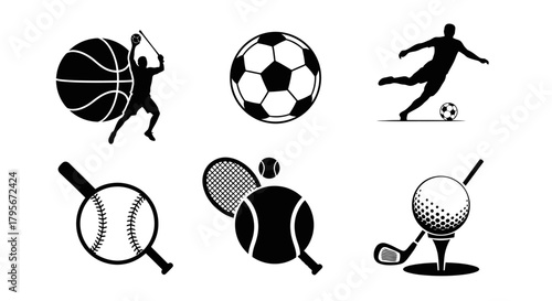 Collection of various sports icons, including basketball, soccer, tennis, baseball, and golf, in black and white.