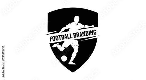 Black and white logo featuring a soccer player kicking a ball inside a shield shape with the words 'FOOTBALL BRANDING'.