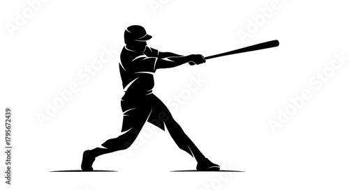 Black silhouette of a baseball player powerfully swinging a bat in mid-action.