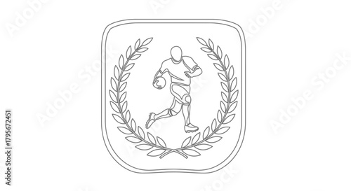 A black and white line drawing of a rugby player in action, surrounded by a laurel wreath.
