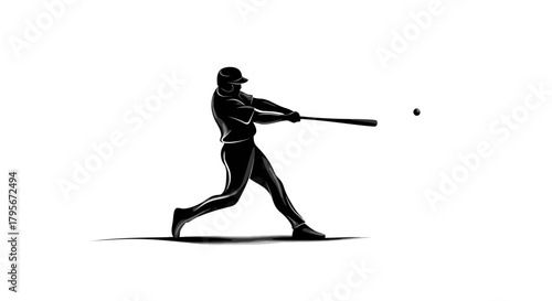 Silhouette of a baseball player swinging a bat at a ball in mid-air.