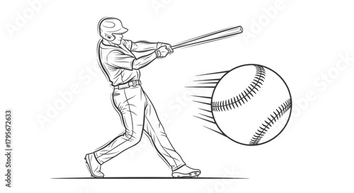Black and white illustration of a baseball player swinging a bat and hitting the ball.