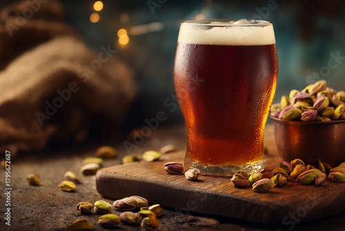 Dark Amber Beer Served in a Glass With Pistachios on a Wooden Board at a Cozy...