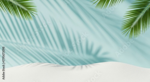 Palm fronds cast dappled shadows on a soft blue background, with a gentle curve of white sand in the foreground, evoking a serene tropical ambiance and summer vacation vibes