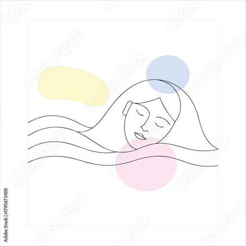 Sleeping woman with flowing hair and abstract pastel shapes