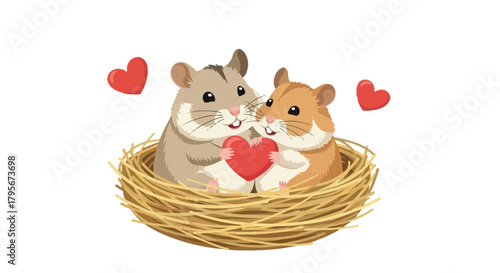 Two adorable hamsters sharing a heart in a cozy nest surrounded by love hearts