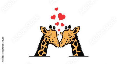 Two adorable cartoon giraffes sharing a sweet kiss surrounded by floating red hearts on a white background