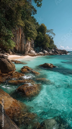 Serene Coastal View Featuring Clear Water, Rocky Shoreline, and Lush Greenery...