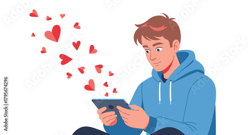Young man in blue hoodie happily using a tablet with red hearts floating around him