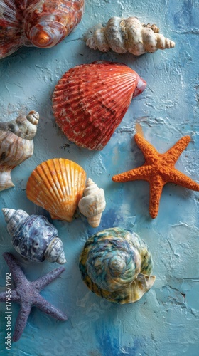 Colorful Seashells and Starfish Arranged on a Blue Background in a Coastal Se...