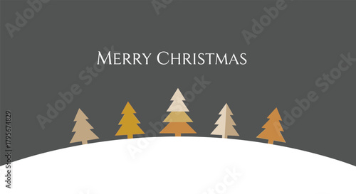 A modern minimalist vector illustration of stylized Christmas trees on a snowy landscape against a dark grey background for a holiday greeting card