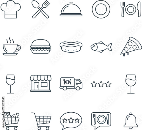 Adobe Illustrator ArEssential food, restaurant, and delivery service line icons collection, featuring chef hat, cutlery, coffee, burger, pizza, shopping cart, and store, ideal for digital design twork