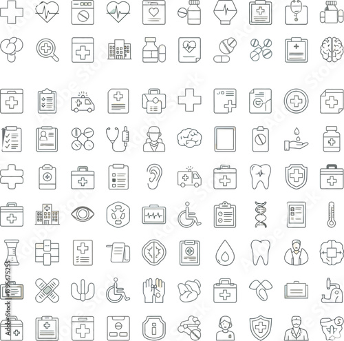 Adobe IlluComprehensive collection of thin line medical and healthcare icons representing various aspects of health, treatment, and medical services for digital usestrator Artwork