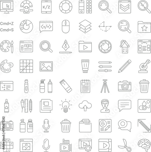 Adobe IllComprehensive collection of minimalist line art icons representing digital creative tools, design processes, multimedia production, technological concepts, and artistic develoustrator Artwork