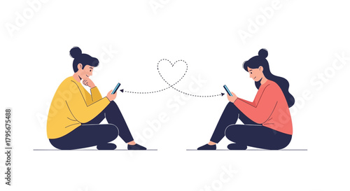 Two people connected by a dotted heart line while looking at their phones representing long distance relationships and digital communication