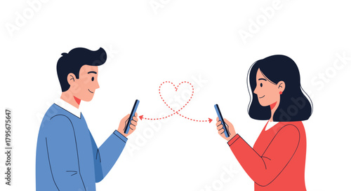 Couple connecting through mobile phones with a dotted heart symbol representing their digital romance and communication