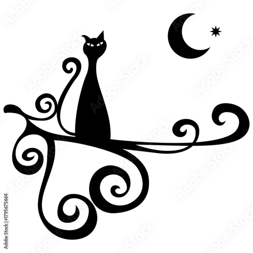 Gatito simpatico en la rama mirando la luna 