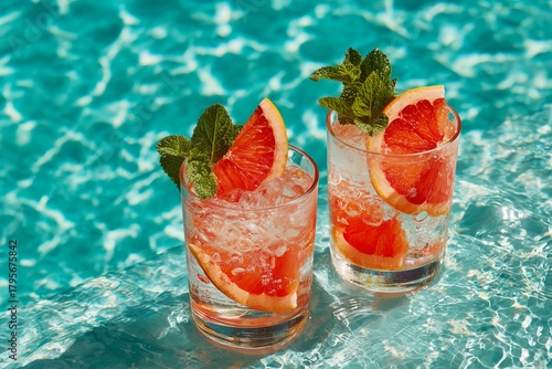 Refreshing Cocktails With Citrus Slices Beside a Sparkling Blue Pool in Warm ...
