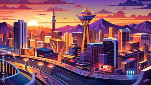 Very beautiful sunset aerial view of Las Vegas, Nevada, showcasing the glowing skyline along the iconic city strip, with modern high-rise buildings, vibrant lights, and a warm evening atmosphere.