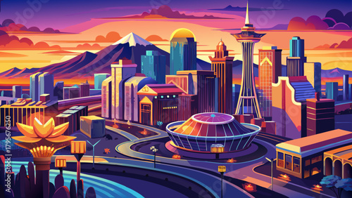 Very beautiful sunset aerial view of Las Vegas, Nevada, showcasing the glowing skyline along the iconic city strip, with modern high-rise buildings, vibrant lights, and a warm evening atmosphere.