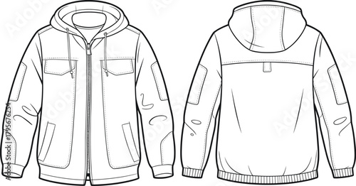 Hooded jacket technical sketch, zip-up front vector, chest pocket design, reinforced sleeve illustration, garment construction drawing, fashion flat views