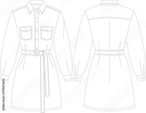Shirt dress technical sketch, long sleeve fashion flat, collared button-down vector, waist belt design, garment construction illustration