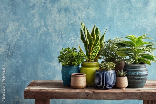 Various Potted Plants Arranged on a Wooden Table Against a Colorful Background