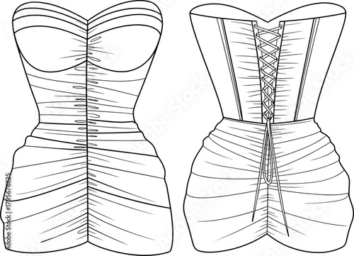 Strapless ruched dress technical sketch, sweetheart neckline vector, corset back fashion illustration, garment construction drawing, fitted silhouette design