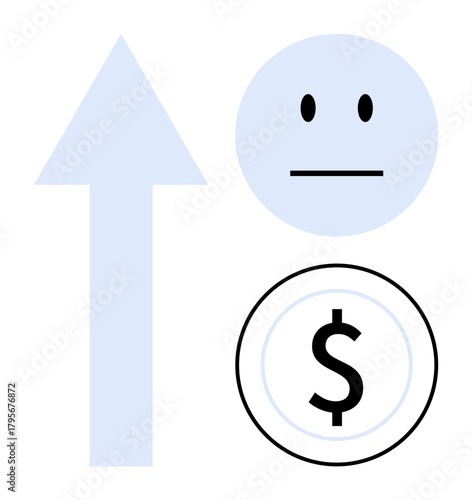 Upward arrow next to neutral face and coin with dollar sign, illustrating financial growth, monetary progress, business sustainability, economic trends, decision-making, savings, investment. Ideal