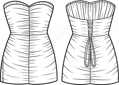 Strapless ruched romper sketch, sweetheart neckline vector, lace-up back design, fitted fashion illustration, garment construction drawing set