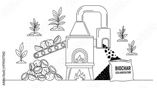 Coconut Shell Biochar Furnace Line Art for Eco Agriculture