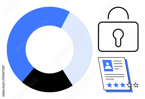 Pie chart, secure lock, and user profile emphasize data protection, reliability, and information analysis. Ideal for privacy, cybersecurity, statistics, evaluation digital trust risk management