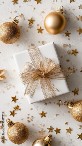 Gift Box With Gold Ribbon Surrounded by Shiny Ornaments and Stars for a Festi...